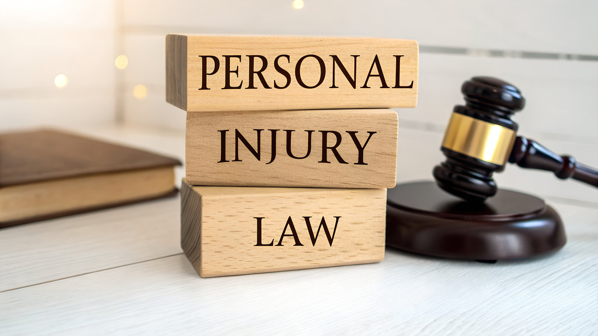 Wooden blocks stacked with text personal injury law next to a judges gavel and a book, symbolizing legal concept